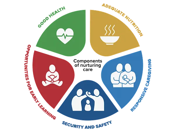Graphic shows the components of nuturing care: good health, adequate nutrition, responsive caregiving, security and safety, and opportunities for early learning.